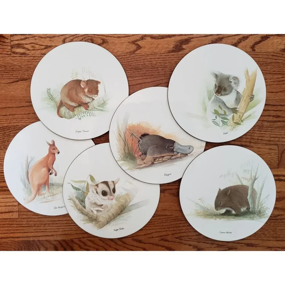 Set of 6 Jason Round Placemats Australian Animals Wakefield Cork Backed w/‎ Box